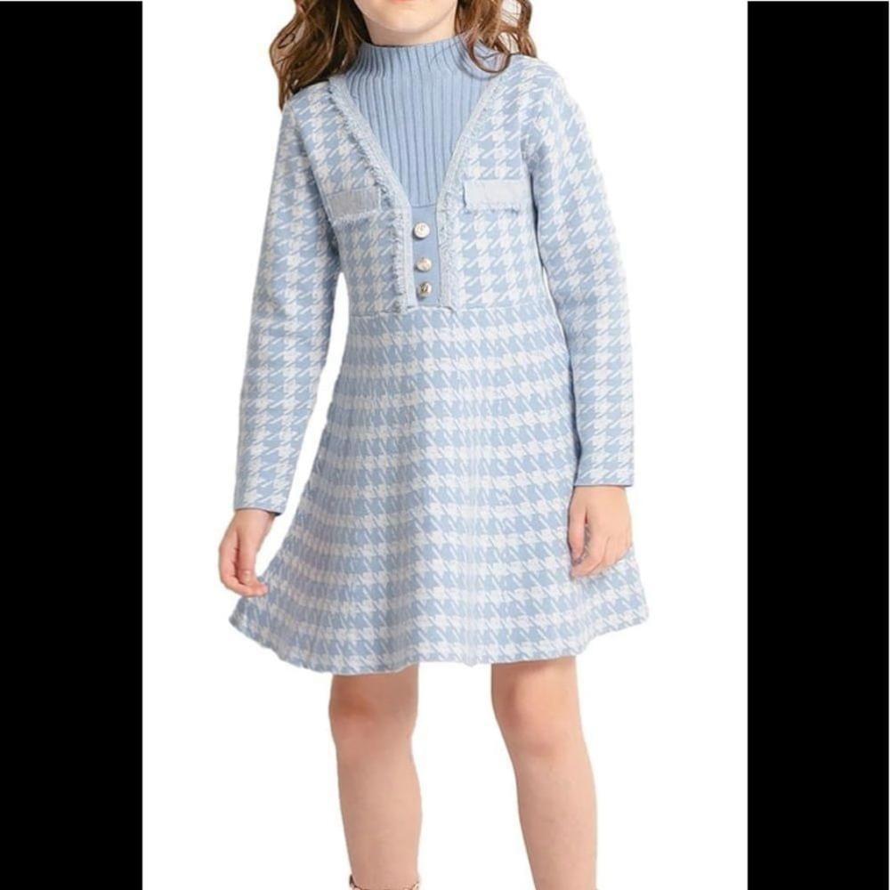 3-4T Houndstooth Knitted Sweater Flare Winter Dress Mock Neck